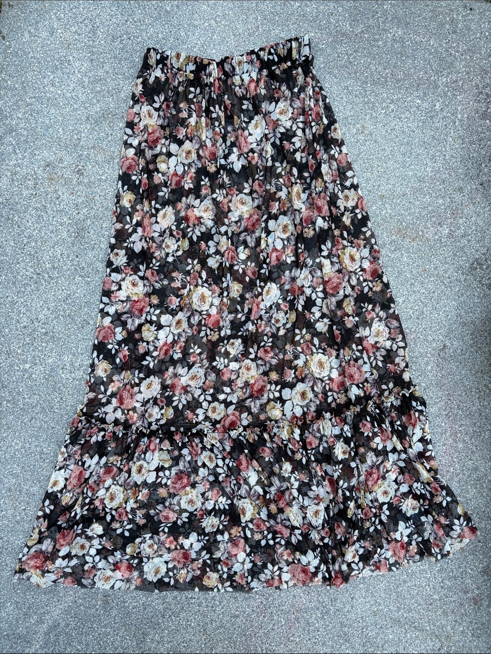 Ecote Black Floral Tiered See-Through Maxi Skirt with Rose and Cream Blooms